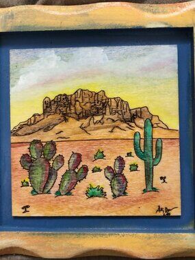 Superstition Mountain Landscape Wood Burned Framed Art 6 x 6